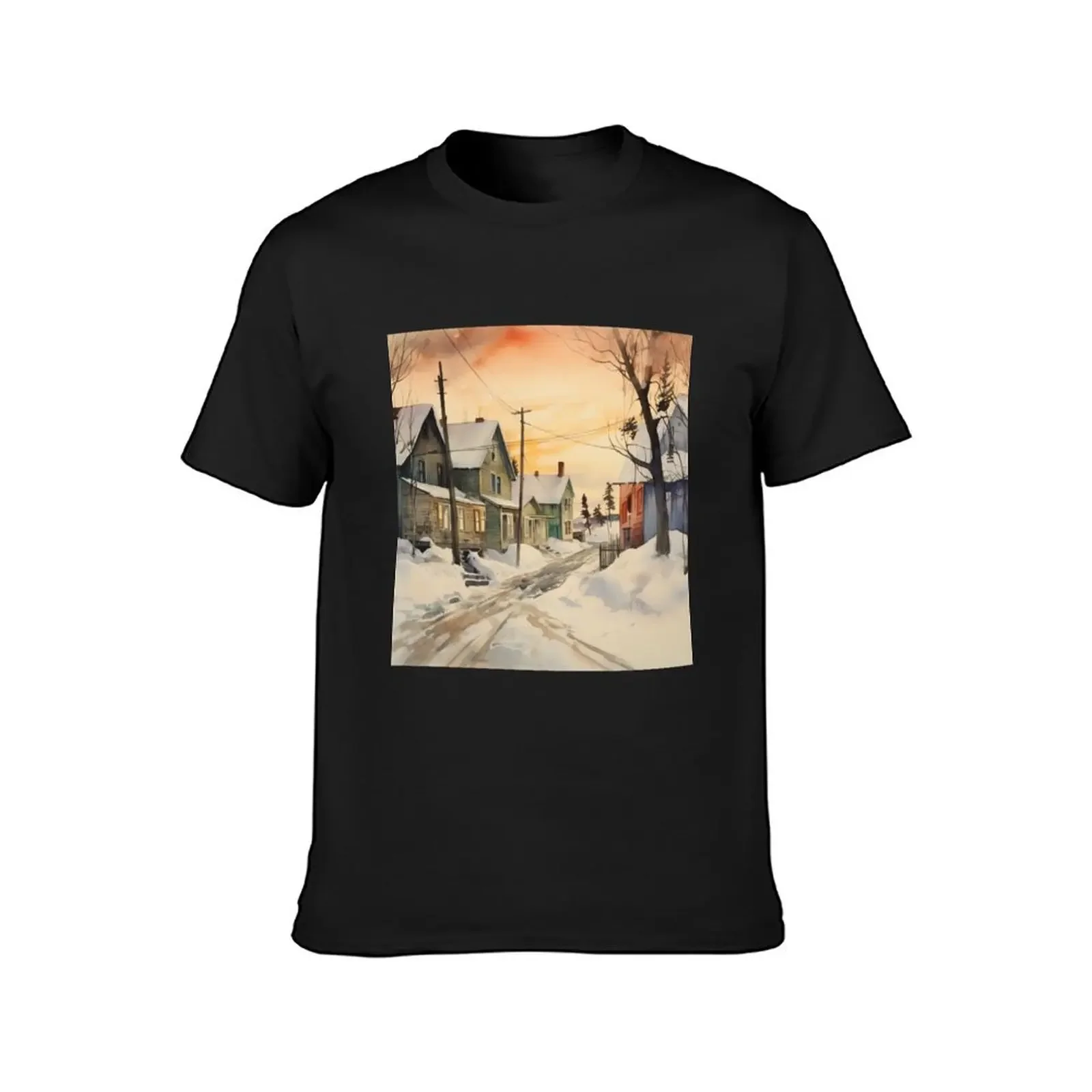 Sunset in a Cosy Winter Village with Piles of Snow T-Shirt cute tops plus size tops quick drying plain white t shirts men