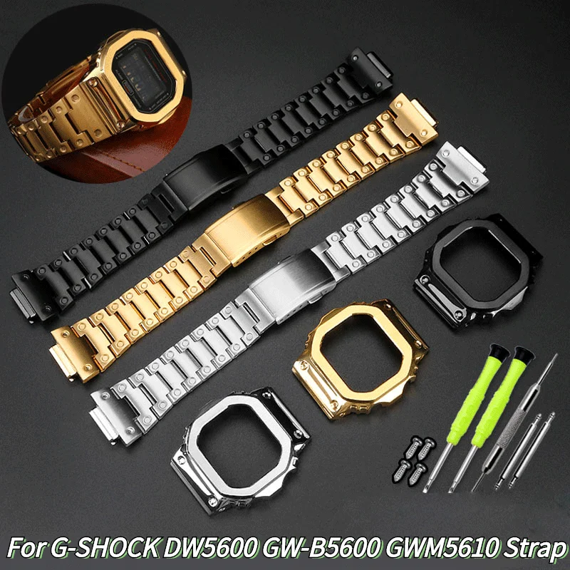 Golden black For Casio G-SHOCK DW5600 GW-B5600 GWM5610 Stainless steel metal Bezel watch case + strap Modified Suit watchband