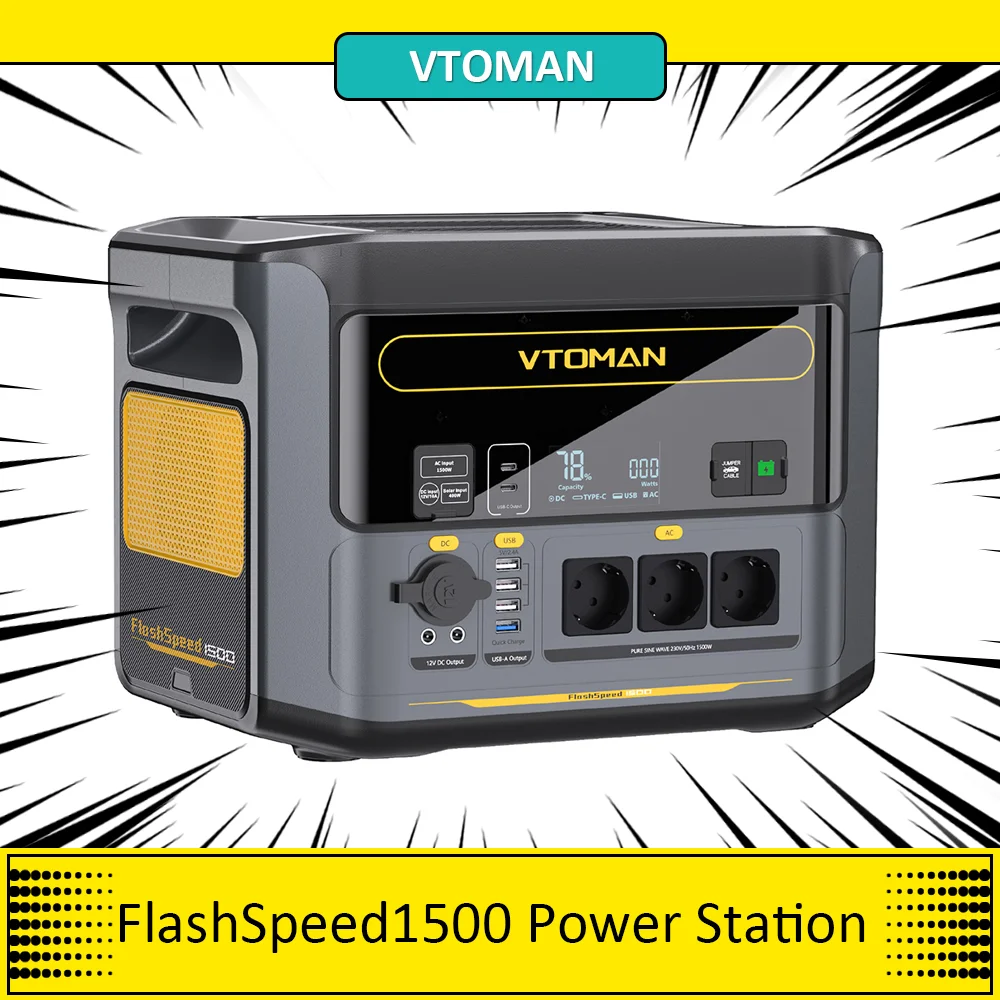 VTOMAN FlashSpeed 1500 Portable Power Station, 1548Wh LiFePO4 Battery, 1500W Output, 12V DC and 100W Type-C Ports,SuperSafe