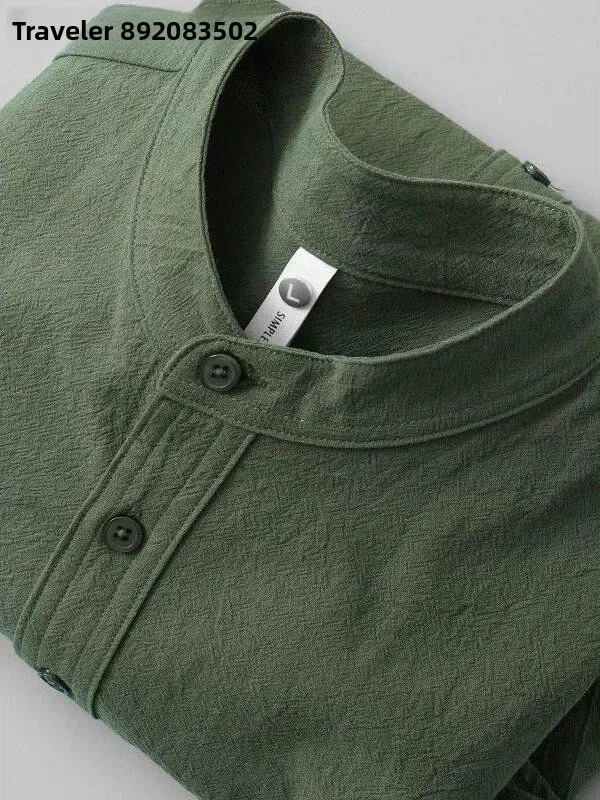 

High-End Summer Thin Grey Linen Short Sleeve Casual T-Shirt Men's Stand Collar Shirt Cotton Linen Top Citywalk Loose Fit