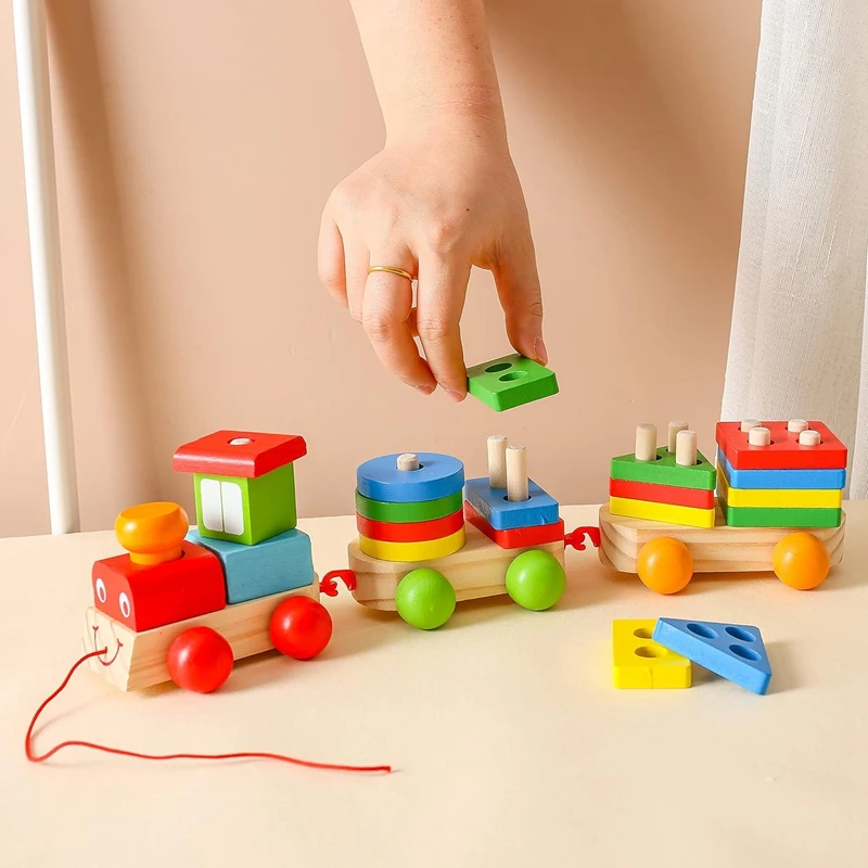 

Children's Wooden Building Block Train Toy Shape sorter and Stacking Game for Toddlers Matching Puzzle