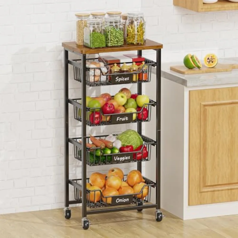 

5-Tier Vegetable Fruit Basket Kitchen Storage Rolling Cart on Wheels with Pull-Out Baskets and Wood Top for Kitchen Diningroom