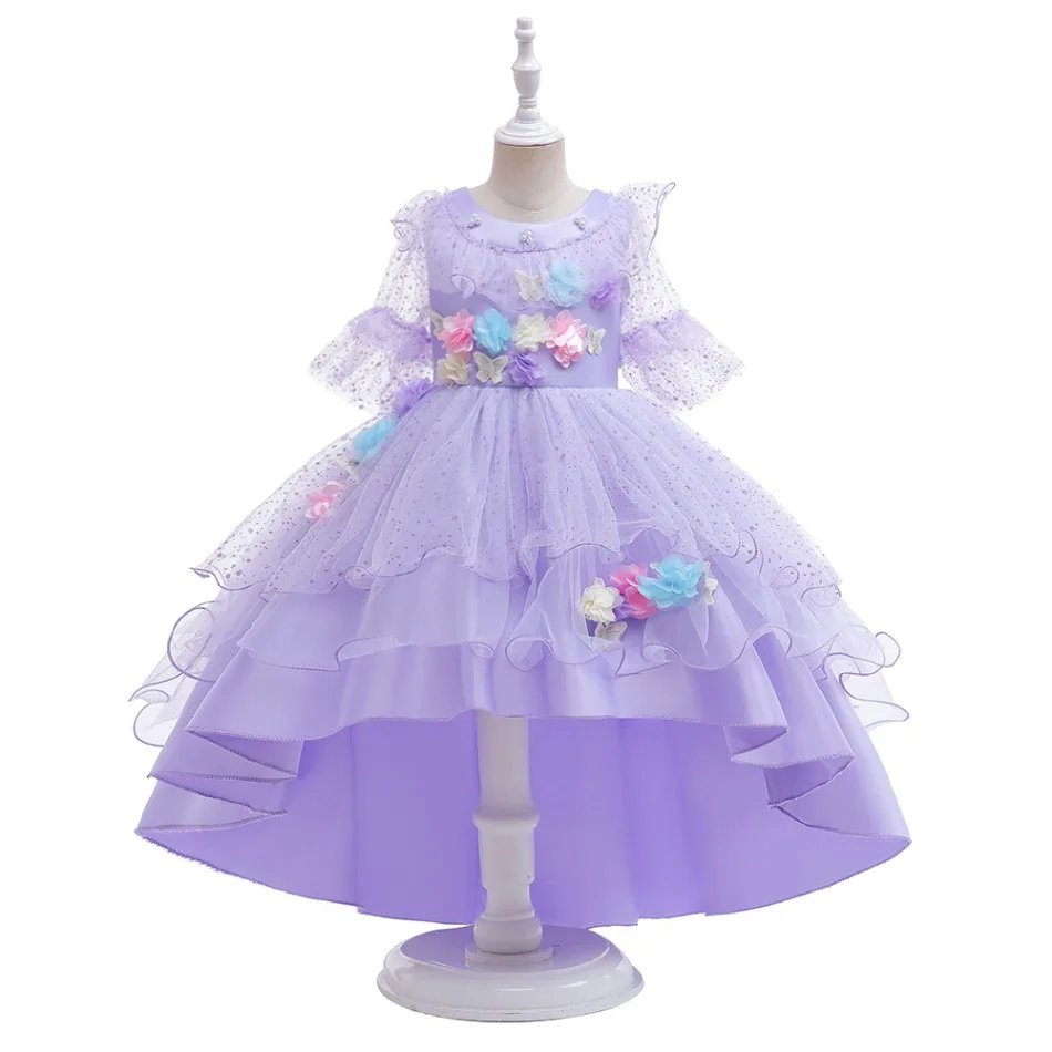 Girls Purple Mesh Puff Sleeve Tail Princess Gown 3D Floral Tulle Ruffle Layered Skirt Kids Birthday Party Formal Dress ASQ03
