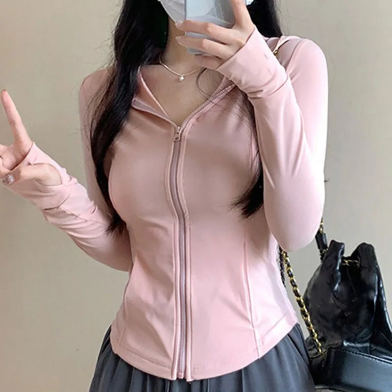 Women Long Sleeved Coat Hooded High Elasticity Slim Solid Color Simple Breathable Light Thin Versatile Sun Protection Clothing