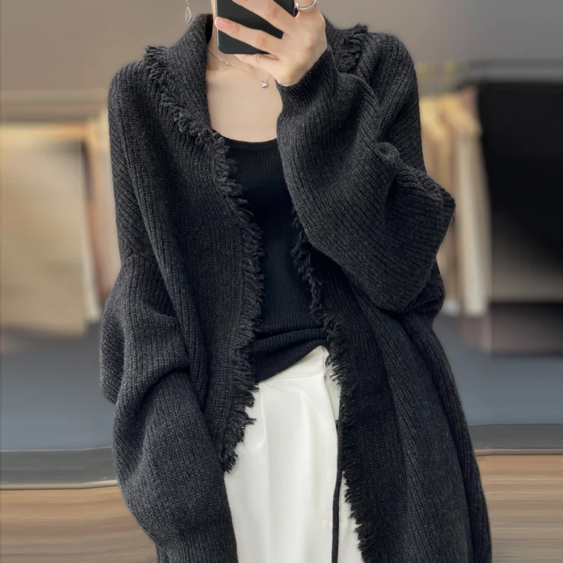 100% merino cashmere sweater women\'s sweater V-neck long sleeve solid color long loose coat cardigan women in autumn and winter