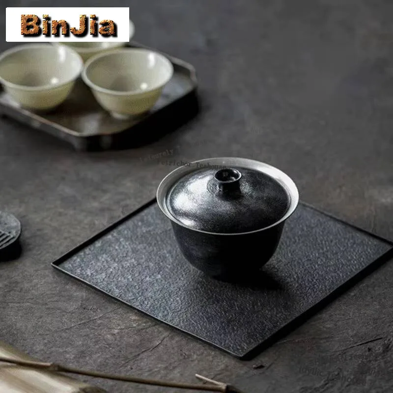 125ml Handmade Large Lacquer Gaiwan Aesthetic Gilded Silver Black Tea Tureen Tea Brewing Cover Bowl Tea Services Gift Collection