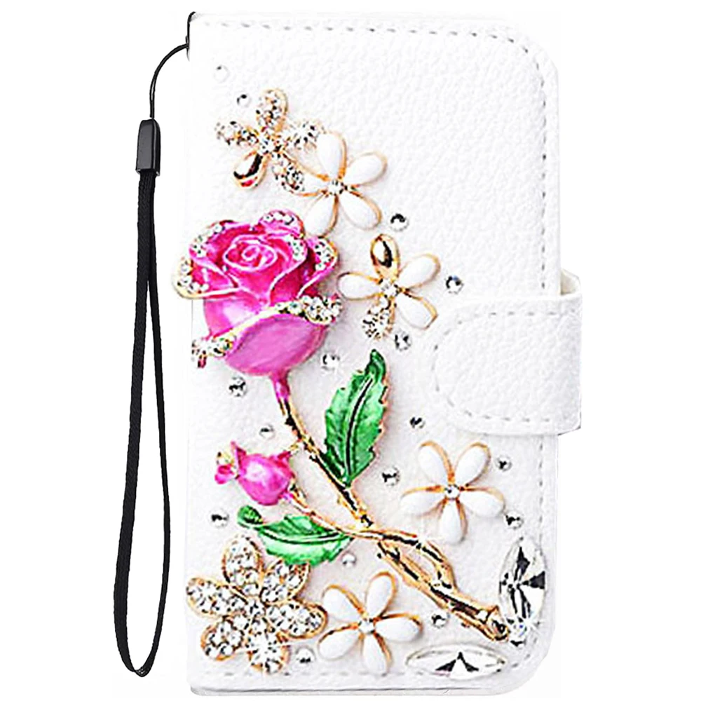 

Rose Flowers Case For iPhone 14 15 16 7 8 Plus Jewelled Diamond Fundas Shell 11 12 13 Pro Max Mini Leather Wallet Magentic Cover