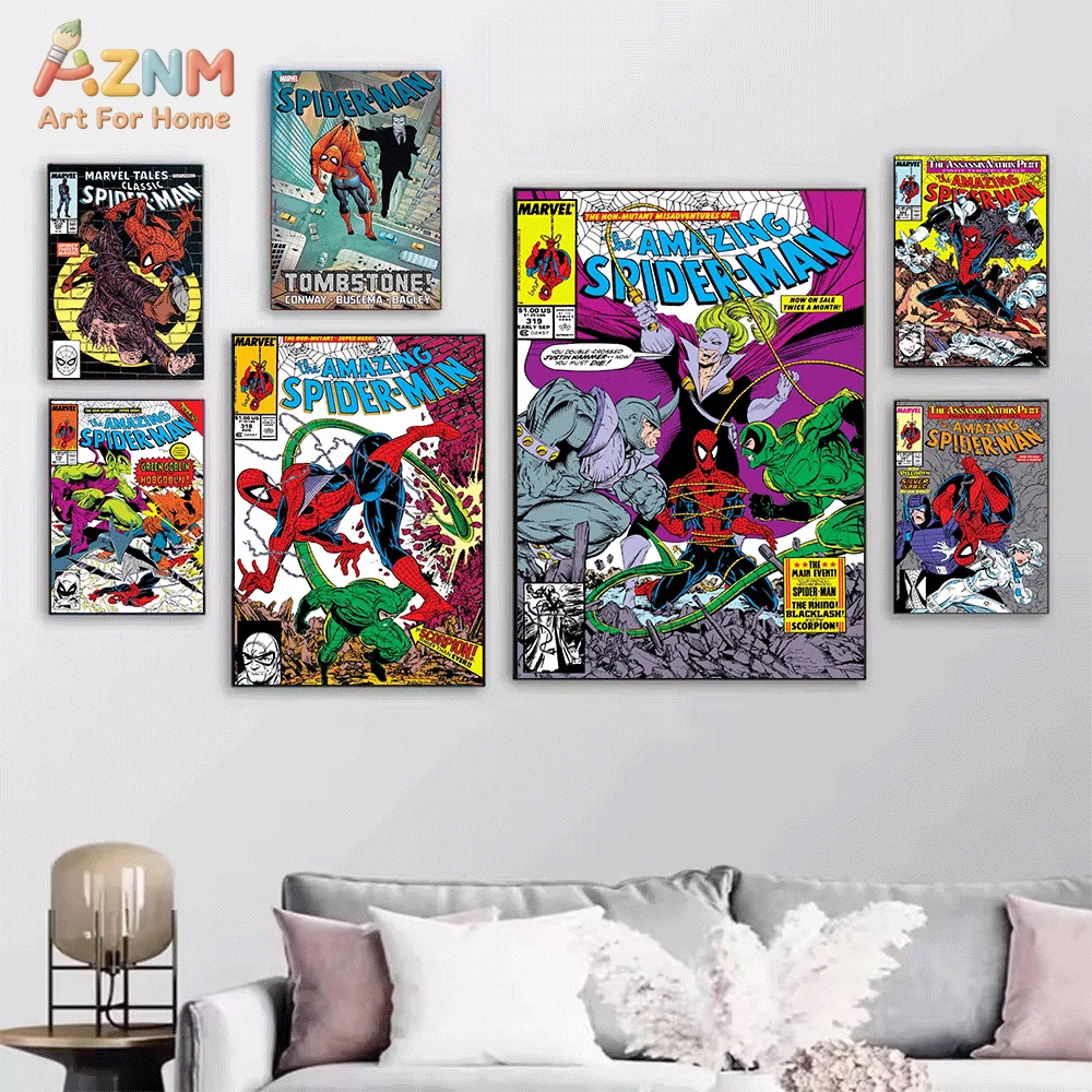 AZNM Maximum Carnage Spider‑Man Vintage Comic‑Book Collage Frameless Canvas Wall‑Art Print Retro Marvel Superhero Comic Cover