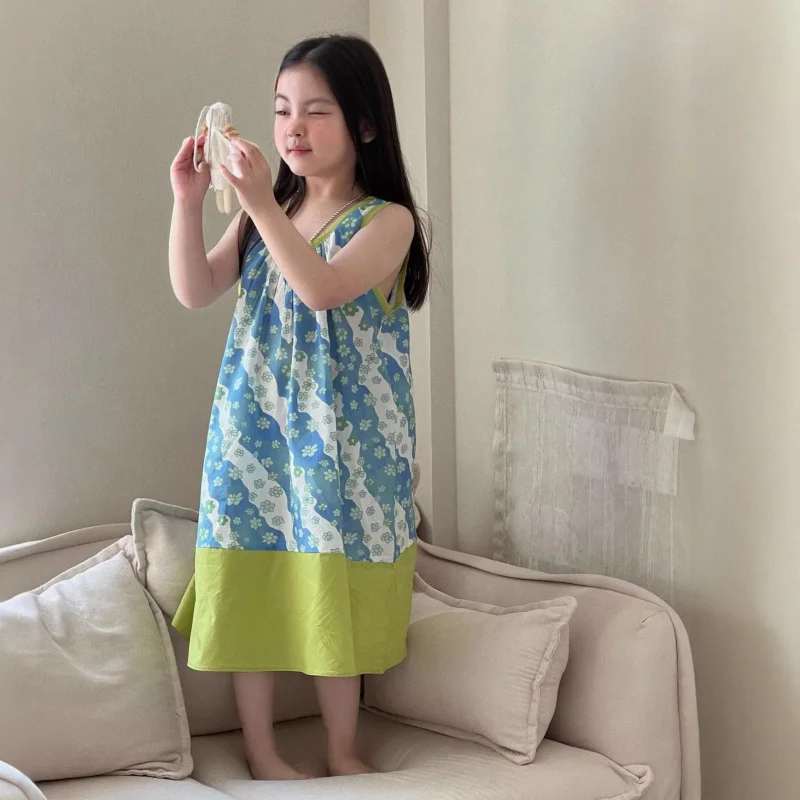 

Girls' Floral Skirt2026Spring and Summer New Color Block DesignUCollared Sleeveless Pastoral Style Vest Dress for Children, Pure