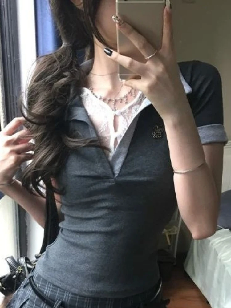 

Korea Chic Design Patchwork Suit Women Summer Short Sleeve Top High Waist Skirt Suit Preppy Style Babes Slim Fit Two-piece Set