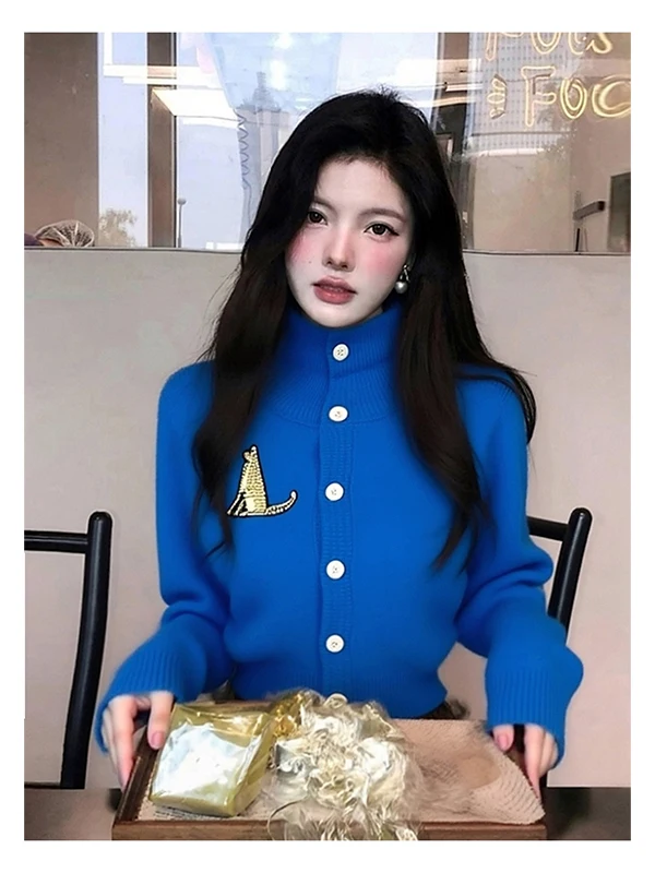 

Autumn Winter Knitted Sweater Set Women's New Small Size Top Leopard Print ort Skirt Two Piece Set High Collar Long Sve