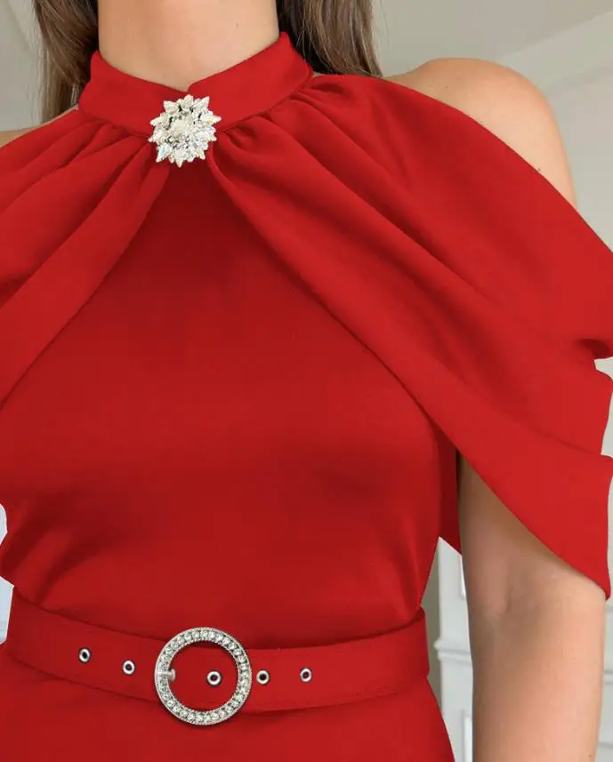 

Women's Plain High Neck Party Dress with Cold Sleeves and Sparkling Rhinestones Decor Elegant Slim Fit Midi Dress (With Belt)