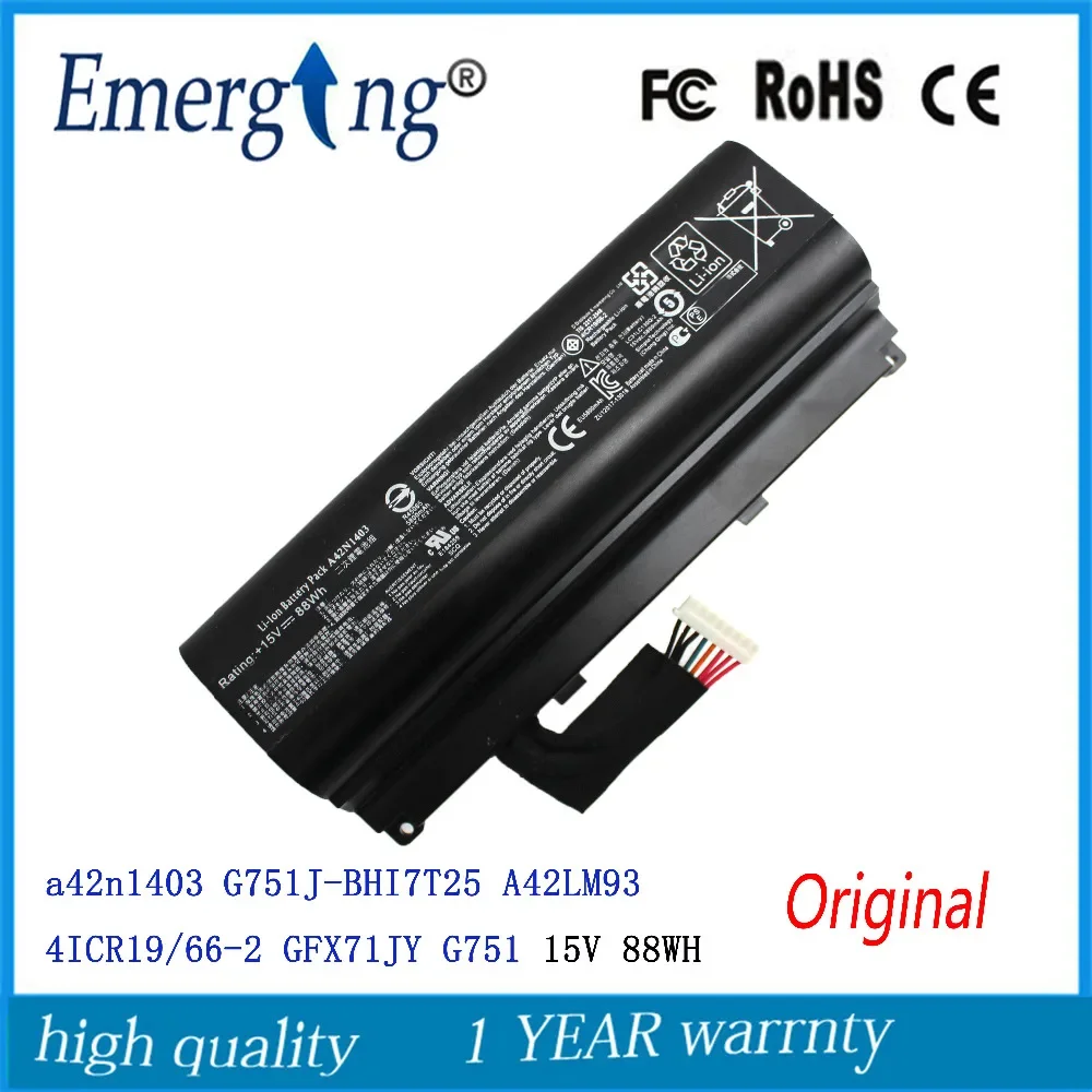 

15V 88WH New Laptop Battery for ASUS A42N1403 G751J-BHI7T25 A42LM93 4ICR19/66-2 GFX71JY G751