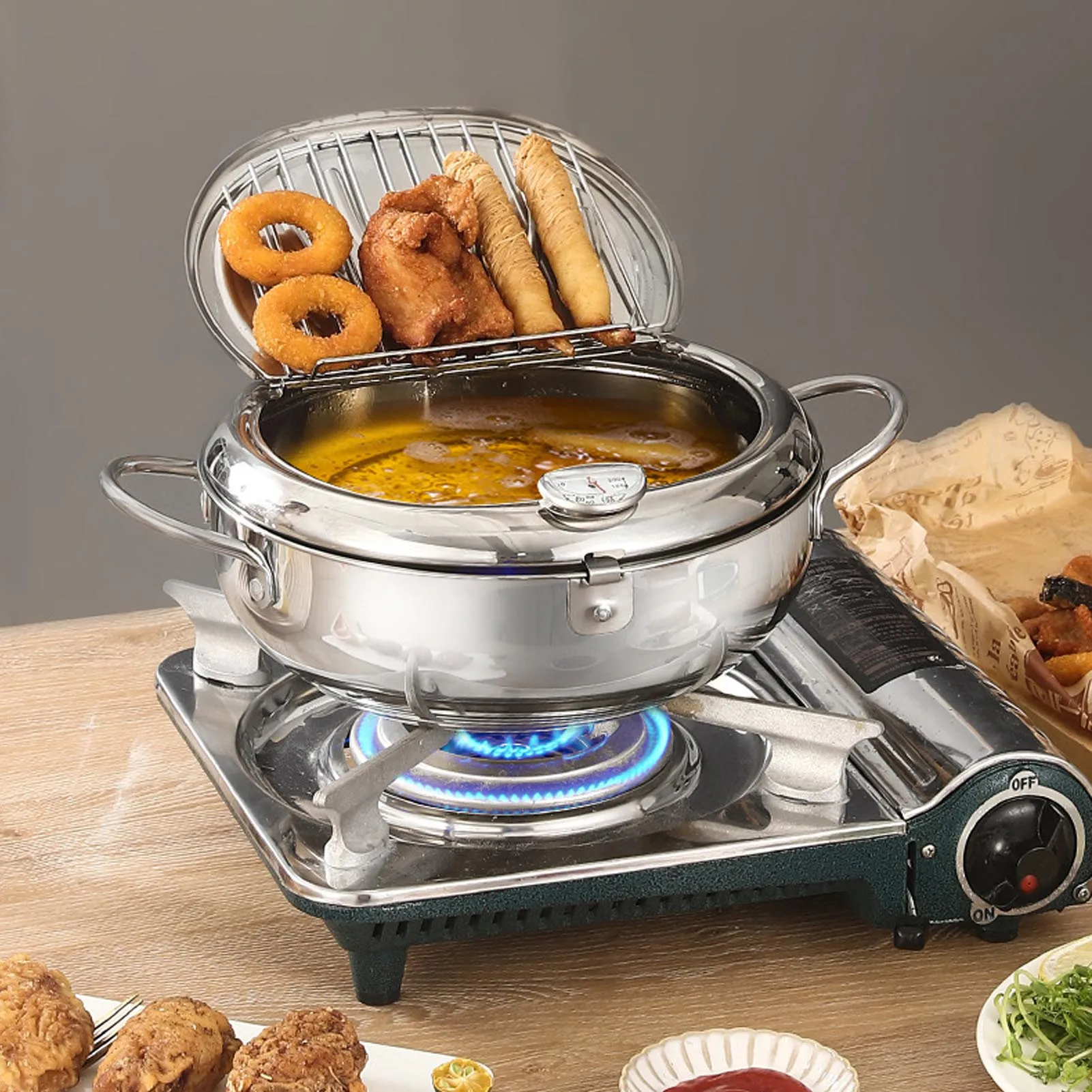 Frying Pot 3.2L Double Ear 201 Stainless Steel Deep Fryer Pot with Oil Drip Drainer Rack Thermometer for Tempura