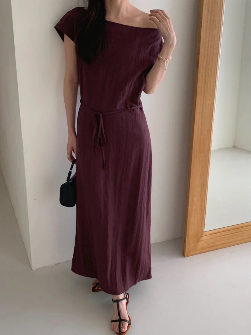 

Alien Kitty Minimalist Skew Collar Dress Sexy Without Belt Office Lady Women Summer Gentle 2025 Chic Work Wear Short Sleeve