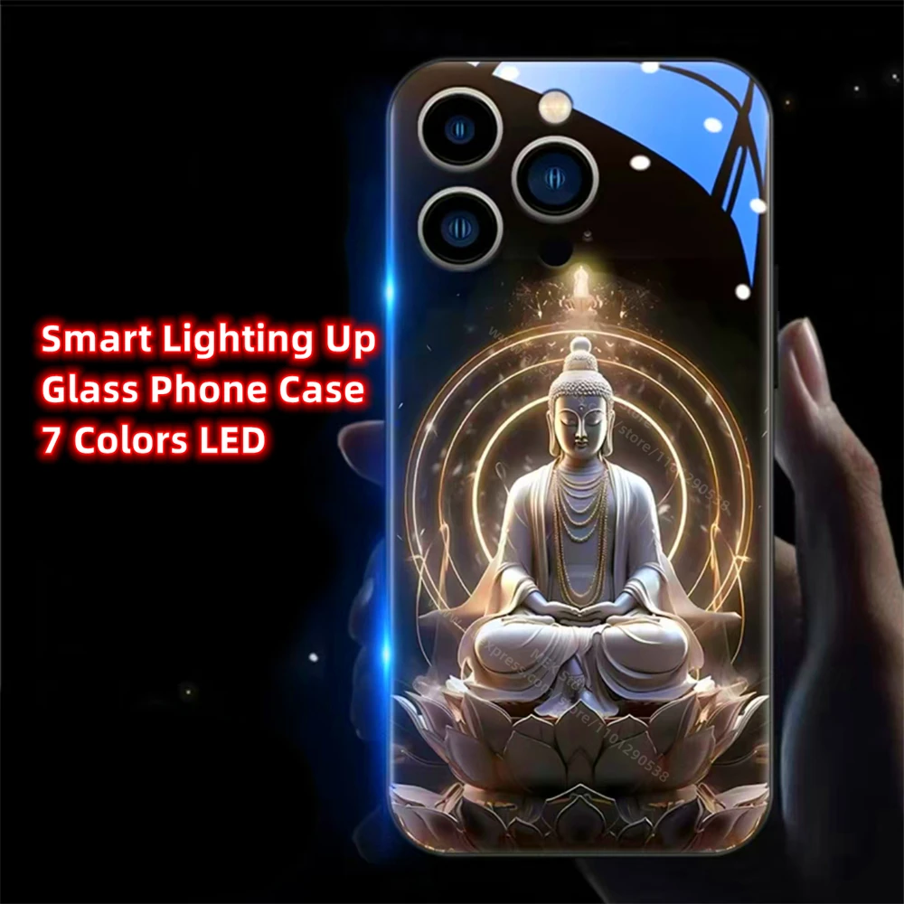 

Sacred Buddha Glory Led Light Phone Case Call Flash Glitter Cover For iPhone 16 E 15 14 13 12 11 Pro Max X XS XR Plus SE2020