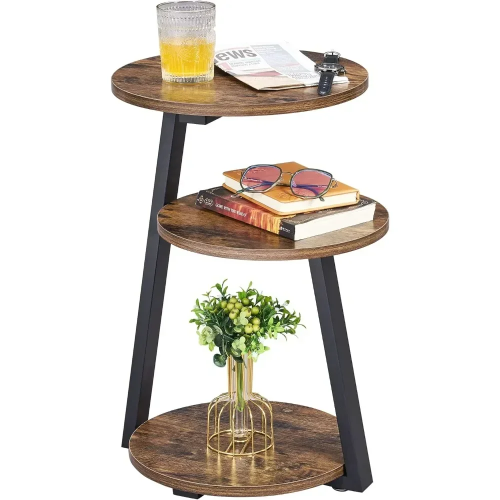 

Round End Side with Metal Frame, Accent Bedside Table with 3-Tier Shelves