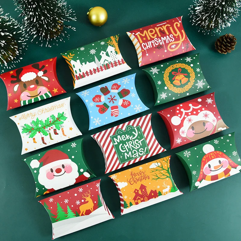 

5/10/12pcs Christmas Pillow Shape Kraft Paper Candy Box Kids Favors Gift Packaging Boxes For Merry Christmas Xmas Navidad Decor