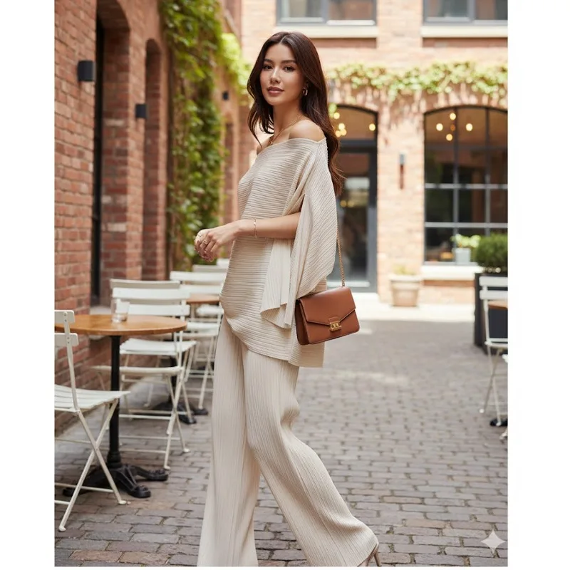 

Miyake Pleated Pants Set 2026 Summer New Suit Female Demure One-shoulder Top High-waisted Wide-leg Pants Pleated 2-piece Set