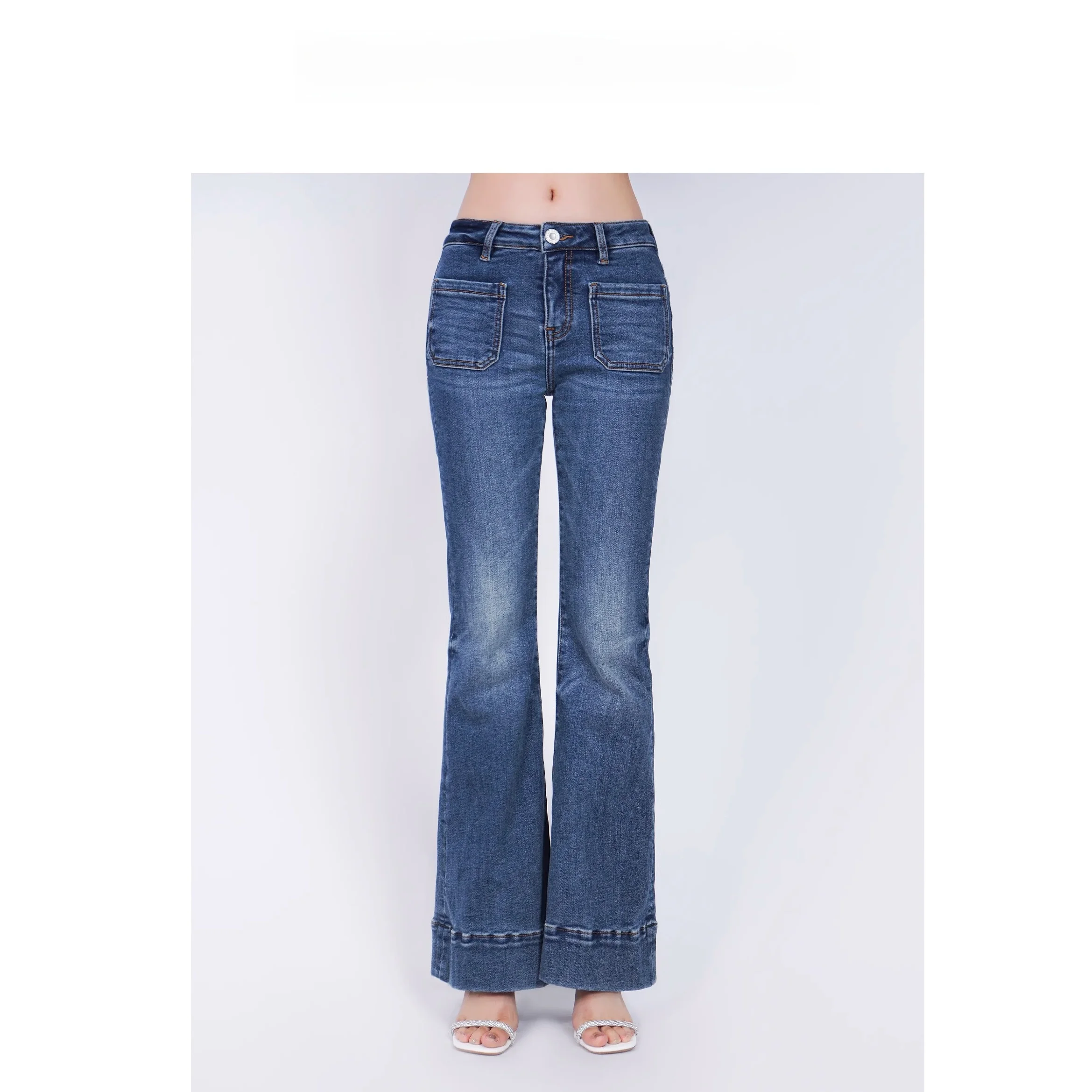 

Джинсы Ele с высокой талией, однотонные, микро-клеш, LE BON TEMPS, осень-зима, новые, повседневные, синие, на молнии, облегающие