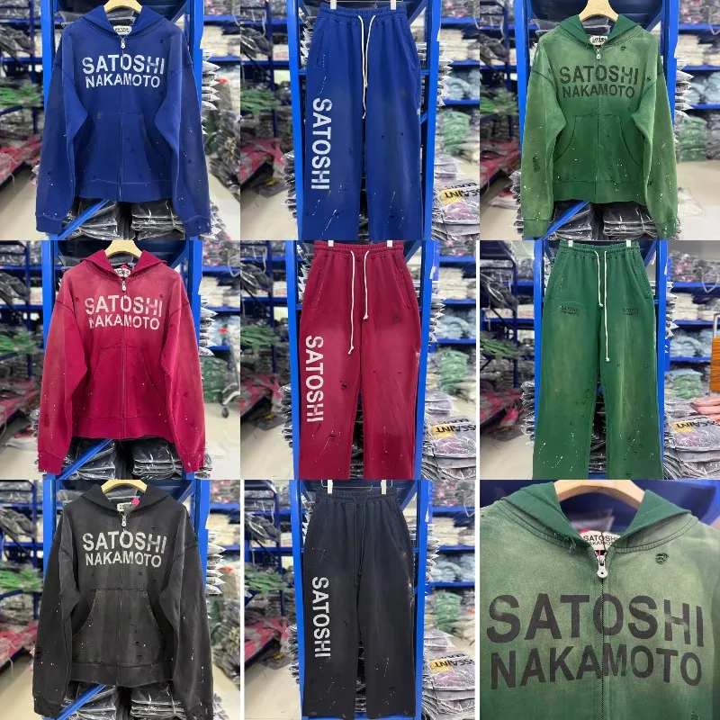 Conjunto de Sudadera Casual Estilo Hip Hop Satoshi Nakamoto, Tendencia Urbana, Otoño Invierno, Retro Americano Vintage, Cardigan con Cierre para Hombre, Dos Piezas