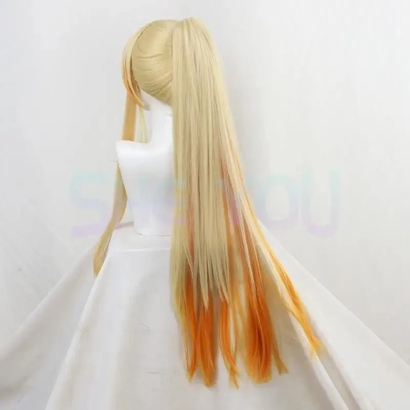Agatsuma Zenitsu korte blonde ombre en lange paardenstaart hittebestendige cosplay pruik + pruikdop