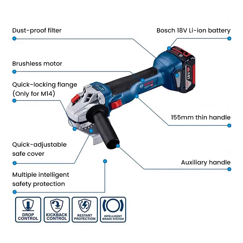 Bosch GWS 18V-10 Cordless Angle Grinder 18V Brushless Electric Grinding Cutter 1000W 9000RPM Grinder Power Tool for Stone Steel