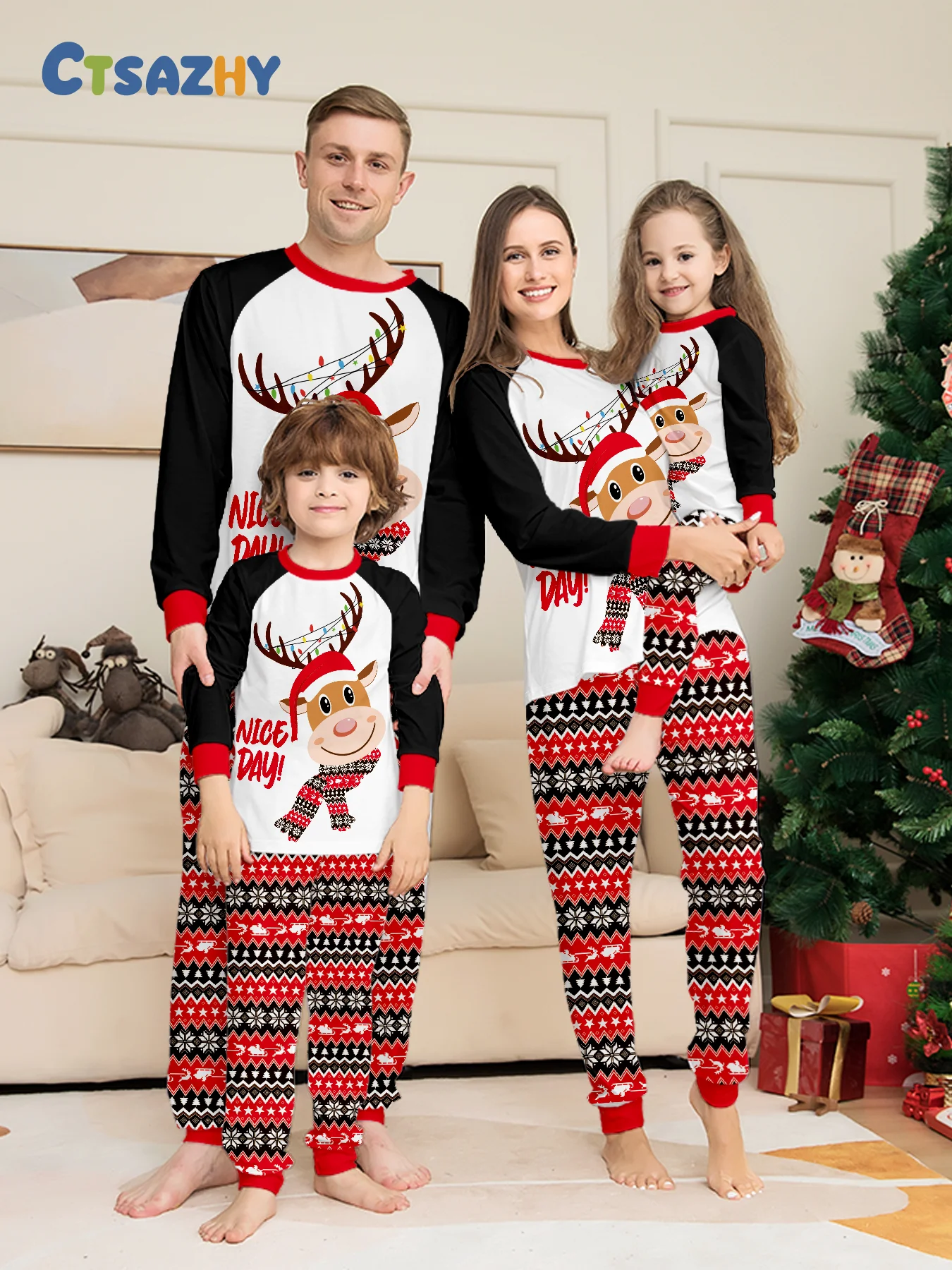 2 Piece Family Christmas Pajama Set, Black White Red Color Block Raglan Long Sleeve Top & Fair Isle Snowflake Print Pants, Match