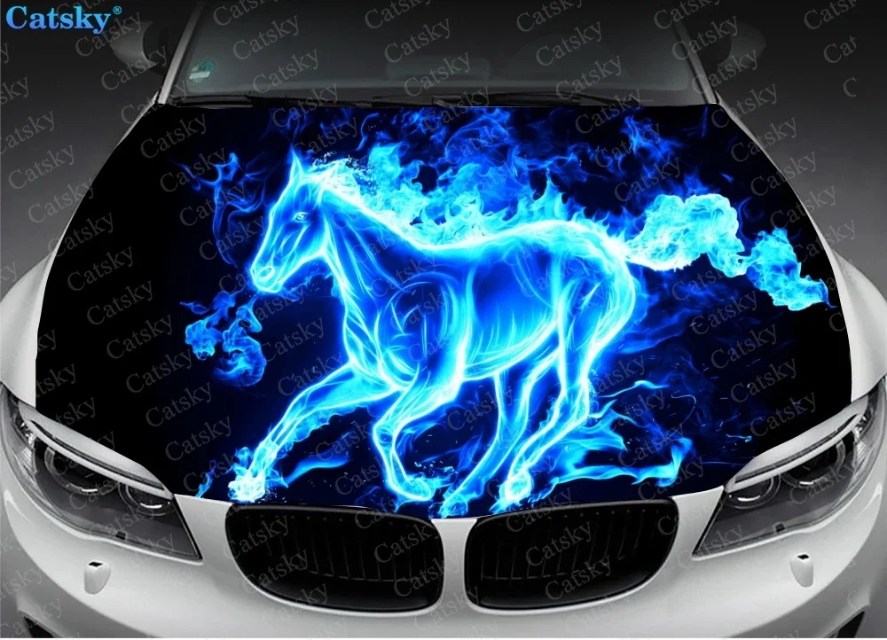 Blue Fire Flames Horse Print Car Hood Vinyl Stickers Wrap Vinyl Film Engine Cover Decals Sticker Car Auto Accessories Decoration