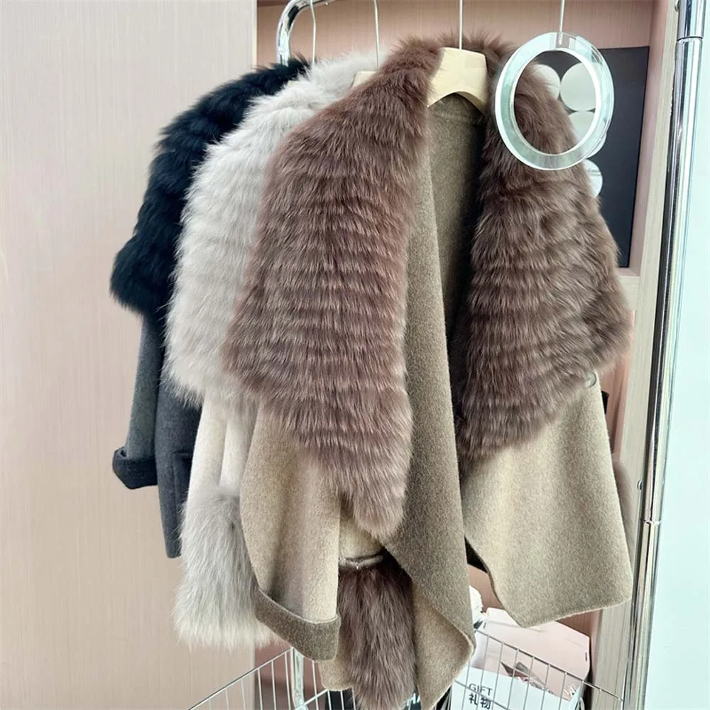 

2025 New Winter Natural Real Fox Fur Coat Big Fur Collar Cashmere Wool Woolen Women Jacket Luxury Outwear Ladies Female Fur Coat