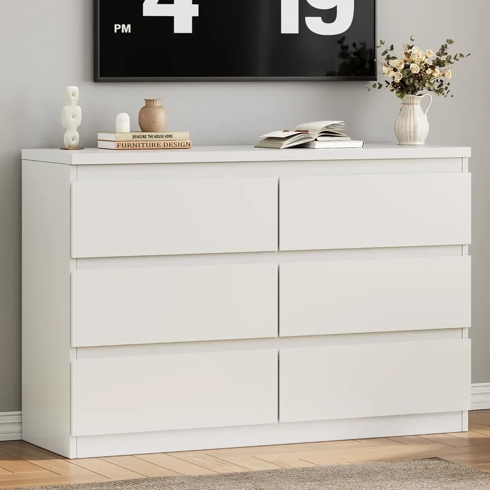 

Modern White 6 Drawer Dresser - Simply Chest of Drawers for Bedroom, Closet, Hallway, Entryway, Wood Storage Double Dresser