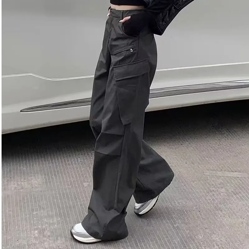 Calça feminina cinza de cintura alta, calça folgada Y2K vintage, estilo coreano, techwear, estética, streetwear feminina, hippie