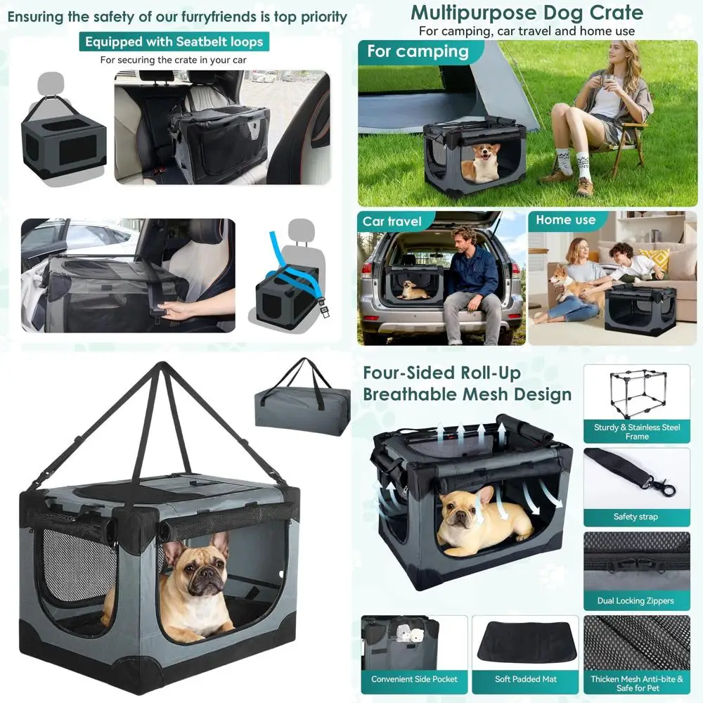 

Portable 24 Travel Dog Crate for Small Pets or 2 Cats, Collapsible Carrier with 4 Mesh Doors, Grey