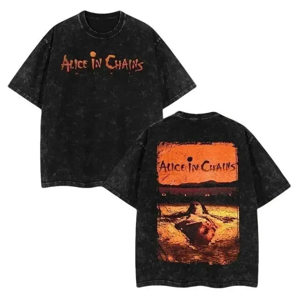 Vintage Washing 100% Cotton Band Graphic Tee  Alice in Chains Album Art Print Unisex Short-sleeved Street Y2K Tops Clothing