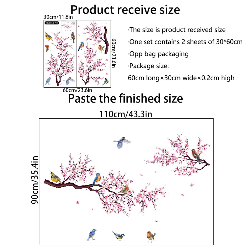 2pcs Peach Tree Branch Bird Wall Sticker Living Room Background Wall Room Decoration Wall Stickers Self Adhesive Stickers