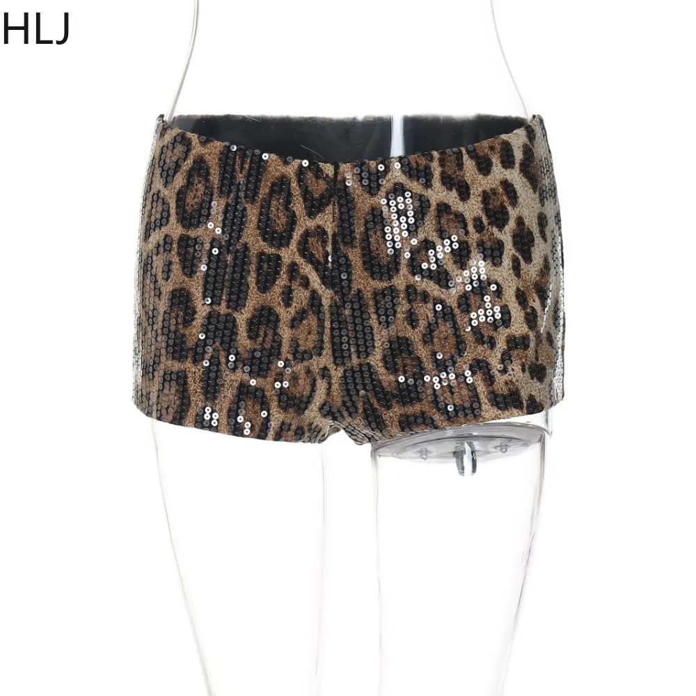 HLJ Black Sexy Y2K Streetwear Women Flower Hollow Out Bandage Tube And Sequin Leopard Shorts Two Piece Sets Fashion 2pcs Outfits