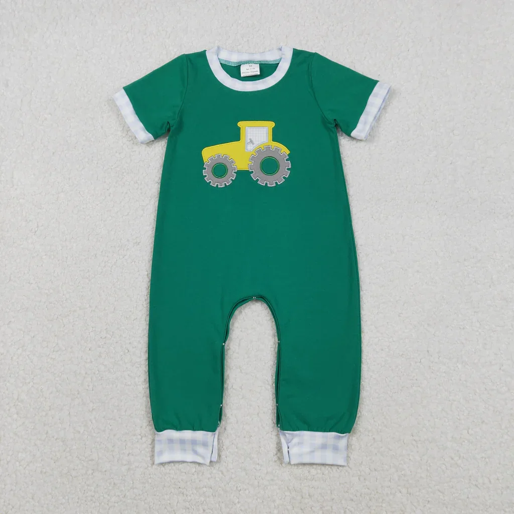 

SR3332 Embroidery Truck Car Green Baby Boys Romper
