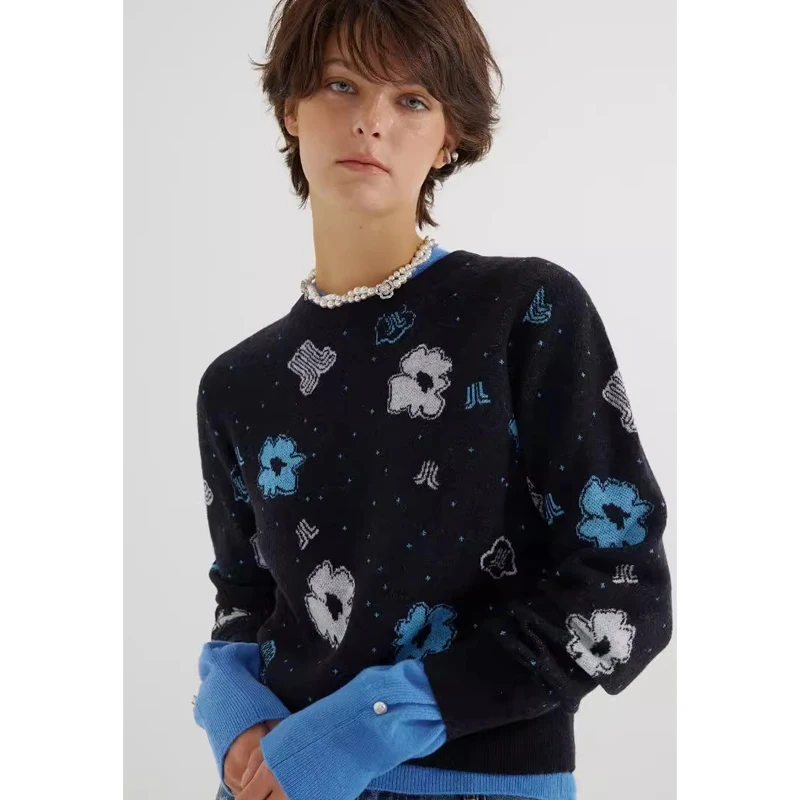 

Вязаный свитер Floral Art Beau для женщин, шерстяной трикотаж с круглым вырезом, длинными рукавами, утепленный, осенне-зимний, в стиле колор-блок