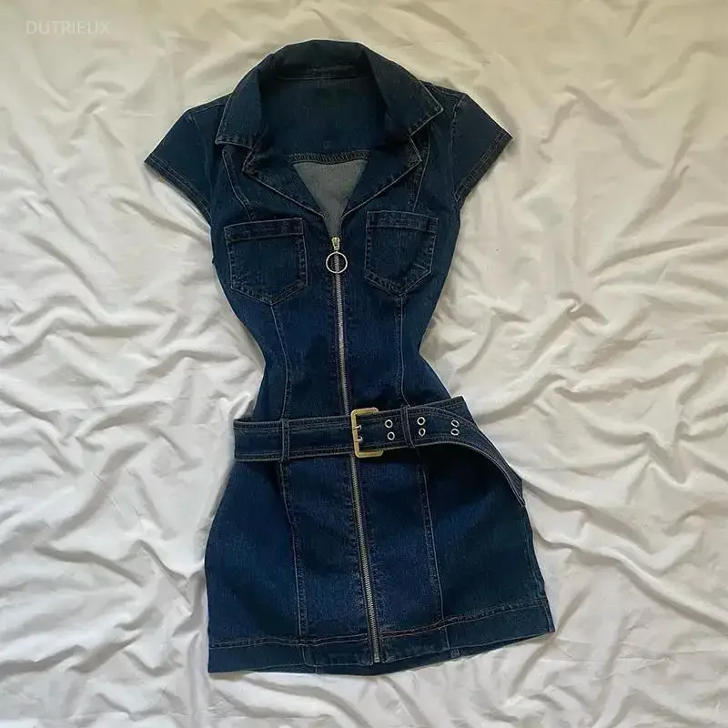 Zipper Blue Denim Dress For Women Summer Temperament A-line Long Skirt Bodycon Dress Robe  Vestidos De Mujer
