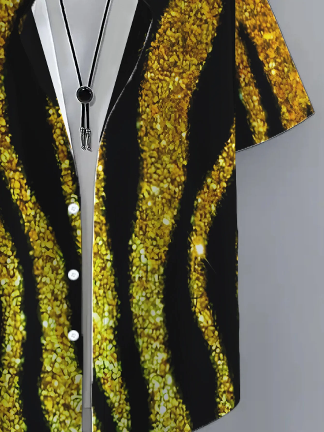 Men's Short Sleeve Button Shirt Black Base Glitter Golden Tiger Stripe Print Casual Nightclub Party Hawaiian Mens Clothing