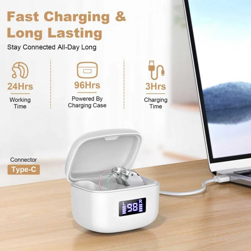 充電式補聴器bte、調整可能なサウンドアンプ、デジタルディスプレイ充電ケース付き高齢者向けデジタル補聴器