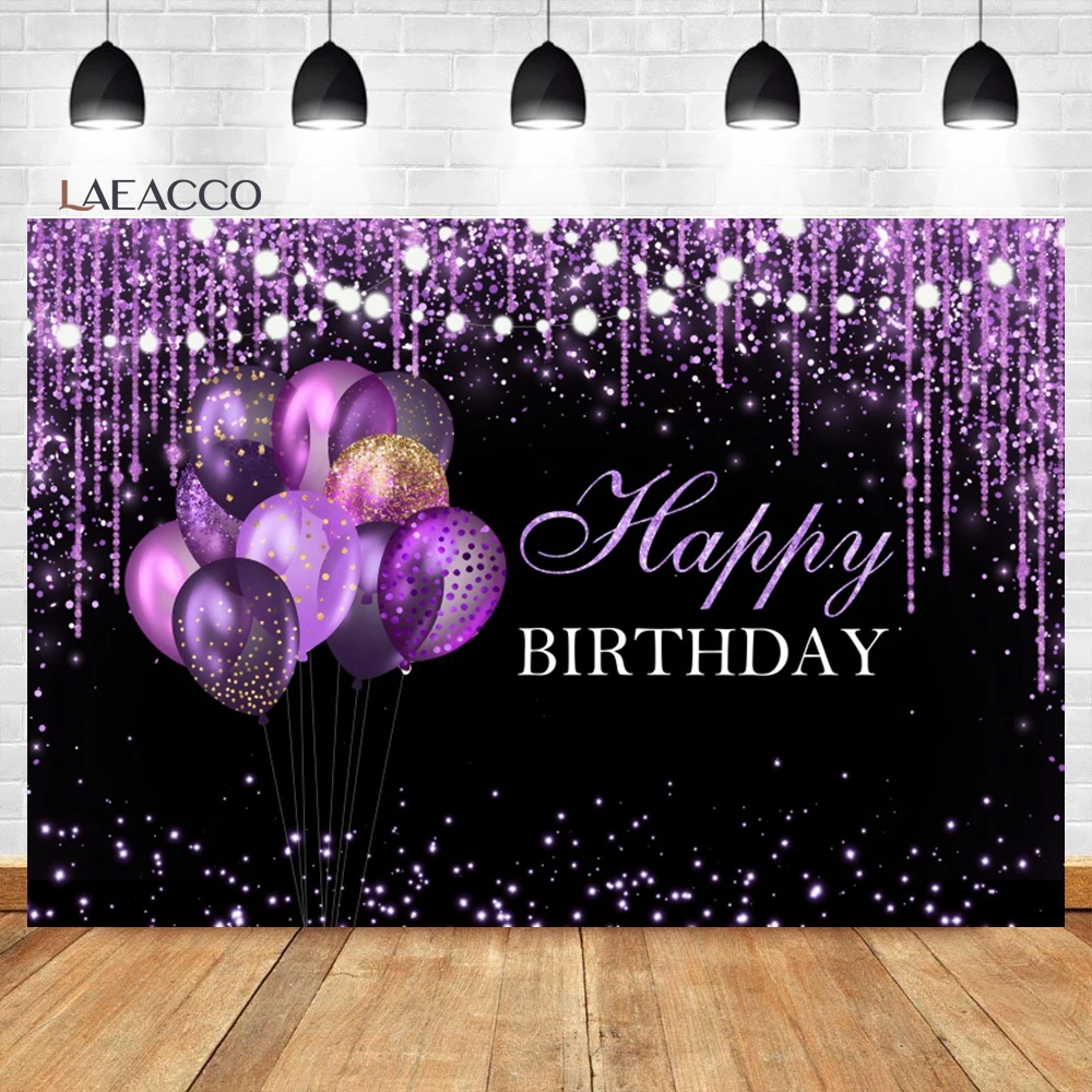 

Laeacco Glitter Purple Black Happy Birthday Backdrop Ring Dimonds Glitter Balloons Women Girls Portrait Photography Background