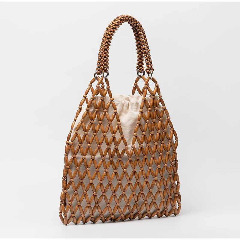 Ahornholz-Perlen-Handtasche, Damen Große Kapazität Hohle Strand-Urlaubstasche, Sommerliche Lässige Schicke Handgewebte Tragetasche – Detail 15