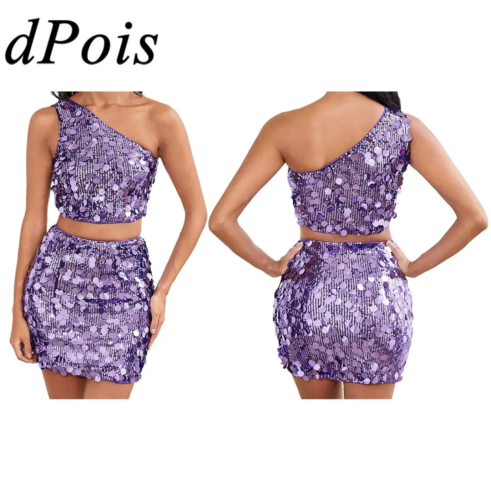 

Womens Glittery Sequin Party Outfits Skirt Sets One Shoulder Crop Top Bodycon Miniskirt 2-piece Set for Birthday Club Raves