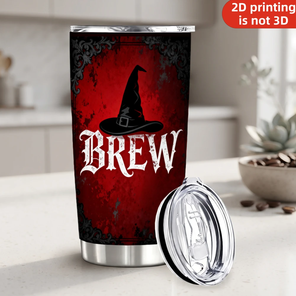 20oz Brew Quality Potions Red Printed Stainless Steel Tumbler with Lid and Straw, Gothic Witch Hat Crossed Brooms Dark Magic Halloween Vacuum Insulated Travel Coffee Mug Gifts