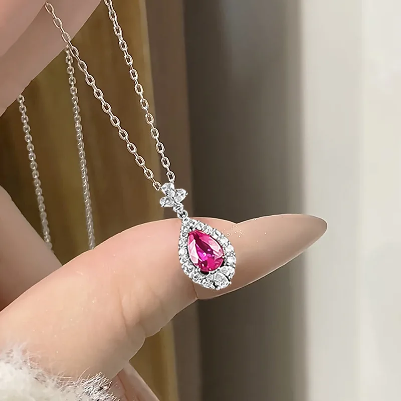 S925 Silver Necklace 6*9mm Pear‑Cut Fuchsia Lab‑Created Gemstone Halo Pendant Necklace Decorative Top Zircon Accent Dainty Fine
