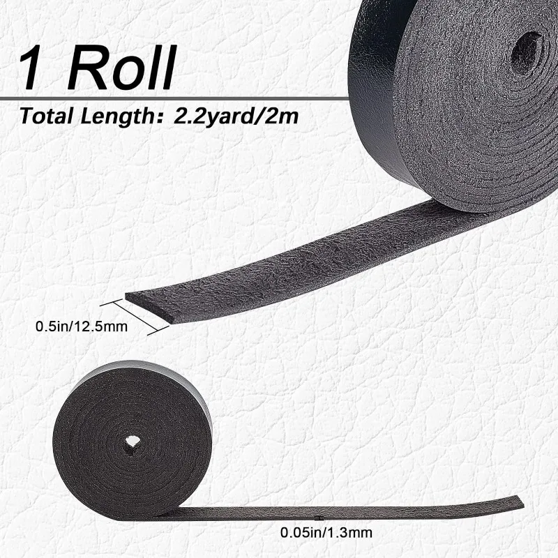 1Roll Black Leather Strap 0.5 Inch Wide 79 Inch Long Lychee Pattern Leather Belt Strips Wrap Single Sided Flat Cord for DIY