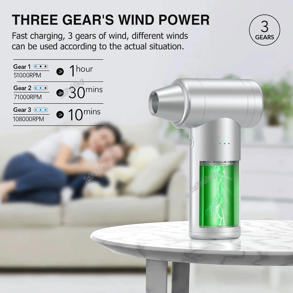 Powerful Mini Jet Fan Turbo 108000RPM Compressed Air Duster Electric Air Blower 3-Gear Rechargeable Cordless for Computer House