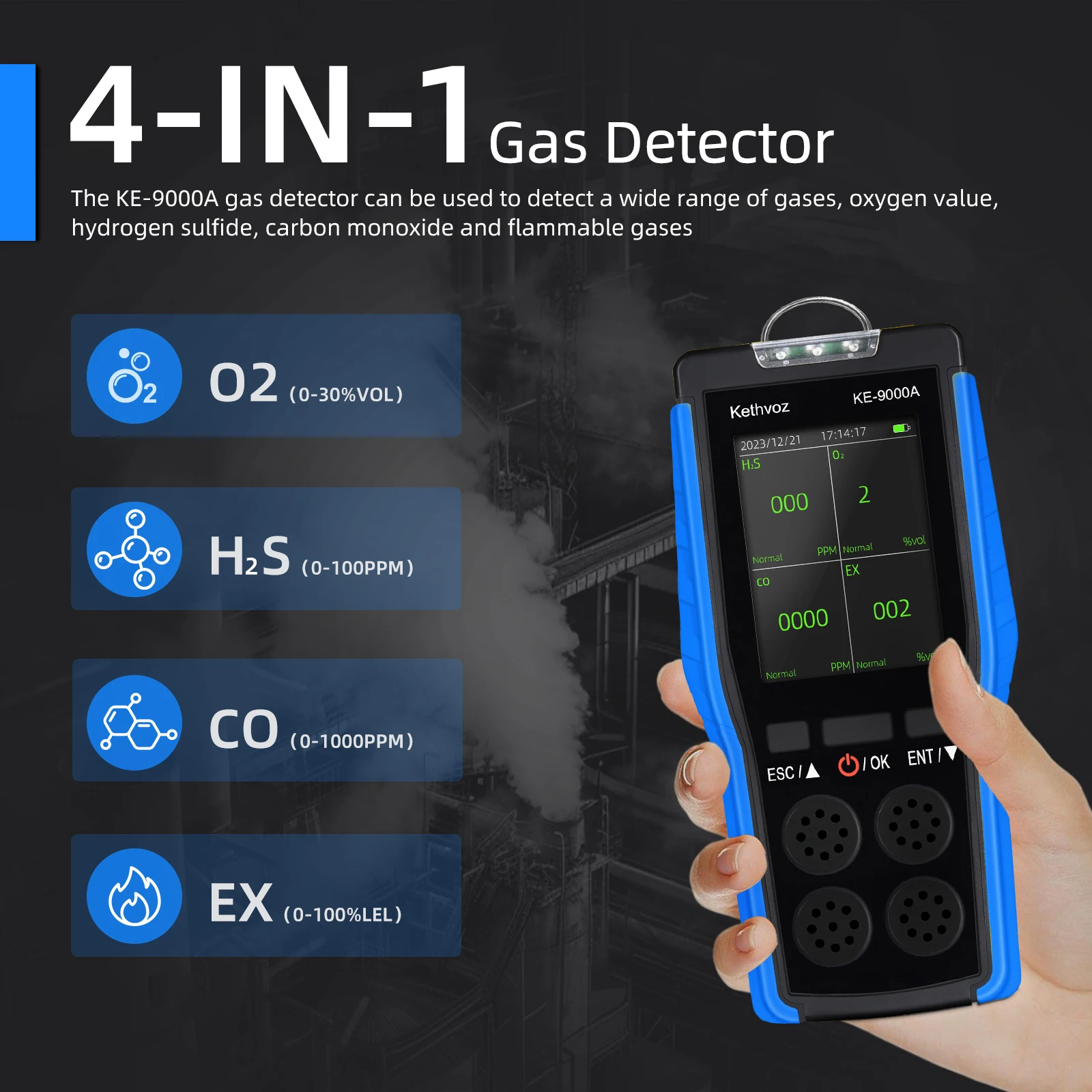 HP9000A 4-in-1 Multi-Gas Detector with 3000 Data Log, Triple Alarm Waterproof Explosion-Proof for Pipeline & Confined Space