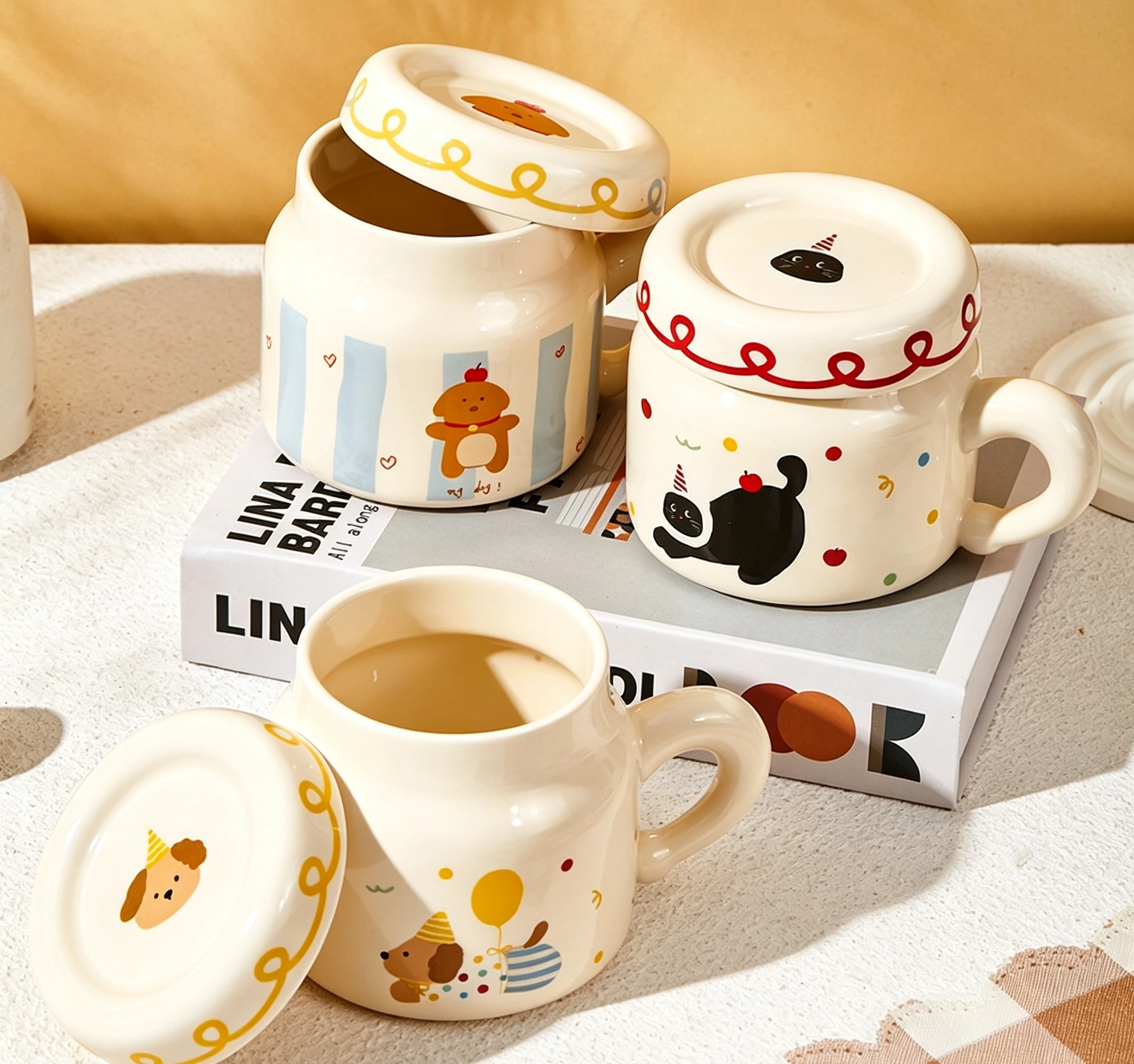 Cute Cartoon Dog Ceramic Mug With Lid 365ml Kawaii Coffee Milk Water Cup Home Office Drinking Mug